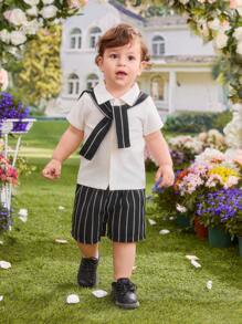 2pcs/Set Baby Boys Striped 2 In 1 Casual Short Sleeve Top And Shorts Outfit For Spring/Summer - Multicolor - View 5
