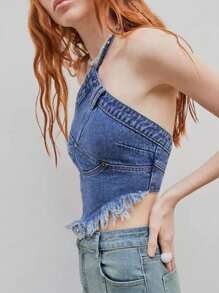 Casual Frayed Edge Halter Neck Denim Top - Dark Wash - View 5