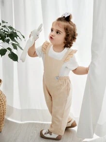 Baby Girl Ruffled Square Neck Patched Suspenders Jumpsuit - Apricot - View 2