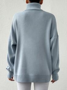 EURMUSE Ladies' Solid Color High Neck Drop Shoulder Sweater - Blue - View 2