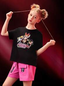 THE POWERPUFF GIRLS X SHEIN Tween Girl Cartoon & Letter Graphic Set