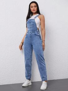 Flexra Ladies Solid Color Pocket Denim Overalls Jumpsuit - Medium Wash - View 4
