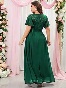 MIUSOL 加大码撞色花卉蕾丝荷叶边袖雪纺正式晚会礼服婚礼宾客礼服 - 墨綠色 - 查看 2