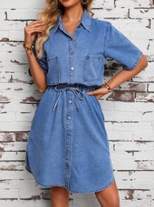 SHEIN LUNE Front Button Closure Adjustable Waist Denim Dress - Blue - View 1