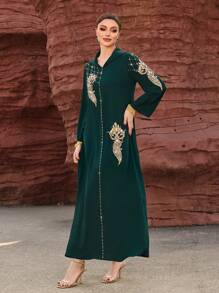 Al Najma Women's Modest Full Length Long Sleeve Emerald Green Hooded Djellaba Dress With Rhinestone Decor - Dark Green - View 6