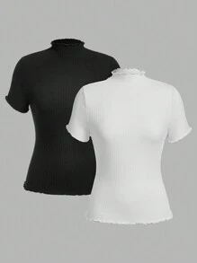 SHEIN Essnce Women's Summer Casual Basic All-Match Half High Collar Wave Edge Ribbed 2 Packs T-Shirt,2 Packs - Black and White - View 2
