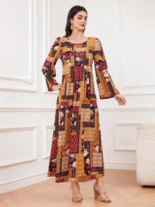 Al Najma 女式拼接印花泡泡袖阿拉伯風格連衣裙