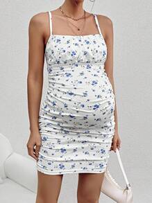 SHEIN Maternity Casual Floral Print Ruched Bodycon Spaghetti Strap Dress - White - View 4