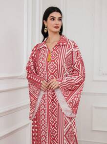 Al Najma Women's Turkish Long Shirt Kaftan With Geometric Full Print And Flared Sleeves - Pink - View 1