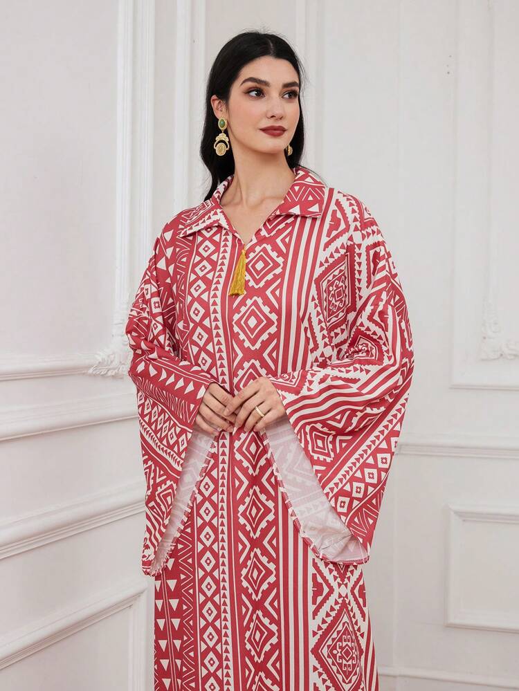Women's Turkish Long Shirt Kaftan With Geometric Full Print And Flared Sleeves