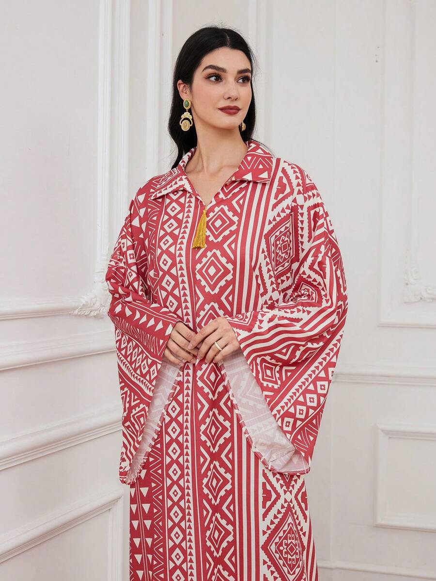 Al Najma Women's Turkish Long Shirt Kaftan With Geometric Full Print And Flared Sleeves - Pink - View 1