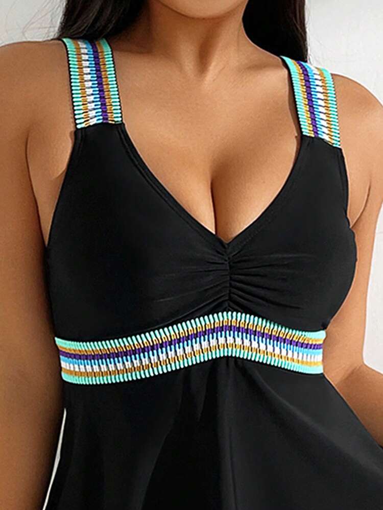 Summer Ladies' Color-Block Woven Strap Wide Strap Tops & Triangle Briefs Tabkini Set