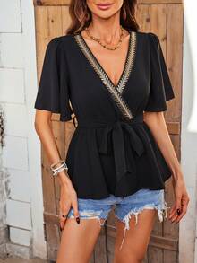 SHEIN LUNE 女式交叉 V 领收腰短袖衬衫 - 黑色 - 查看 5