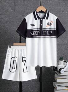Tween Boy kleurblok top met letterprint en shorts met nummerprint