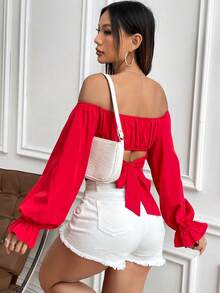 SHEIN WYWH 女士露肩鐘形袖短上衣 - 紅色 - 查看 2