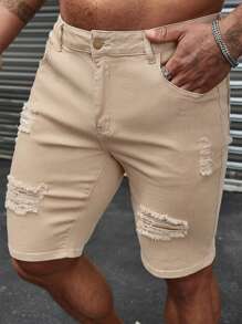 Manfinity LEGND 男士紧身破洞牛仔短裤纯色牛仔短裤卡其色派对牛仔短裤，适合送给老公、男朋友的礼物 - 杏色 - 查看 5