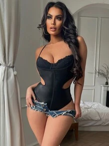 Zolique Body De Encaje Bustier Tipo Cami Con Copas De Encaje Y Elástico Para Mujer - Negro - Ver 1