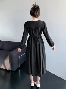 DAZY 女式v領長袖連衣裙 - 黑色 - 查看 6