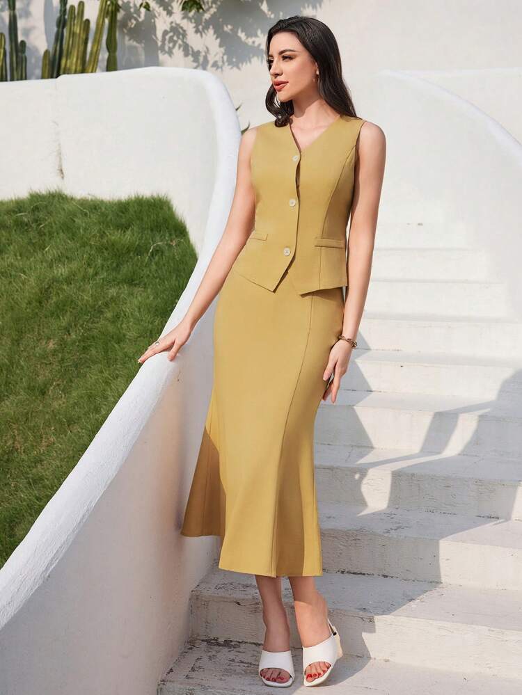 Long Sleeve One-Button Blazer Jacket + V-Neck Vest + Mermaid Hem Skirt Set