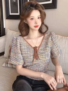 DAZY 女性格紋短袖襯衫 - 彩色 - 查看 3