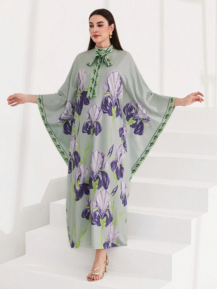 Women's Floral Print Batwing Sleeve Kaftan Dress With Knotted Neckline