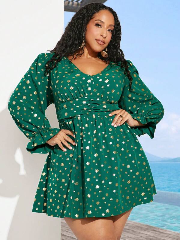 SHEIN CURVE+ Kleid In Übergröße Mit Goldenem Folie-schneeflocken-druck Und Rüschenärmel