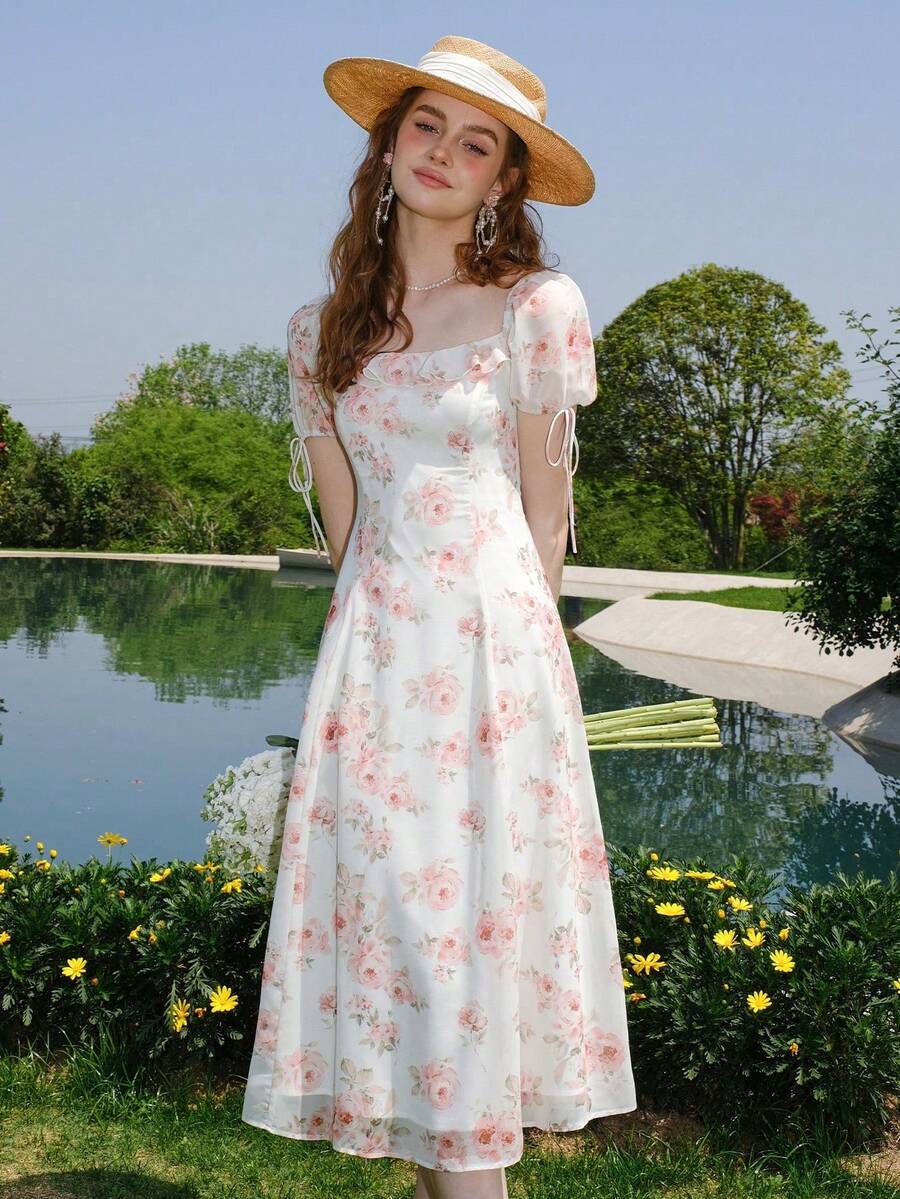 Vestido Con Mangas Abullonadas Y Estampado Floral - Multicolor - Ver 1