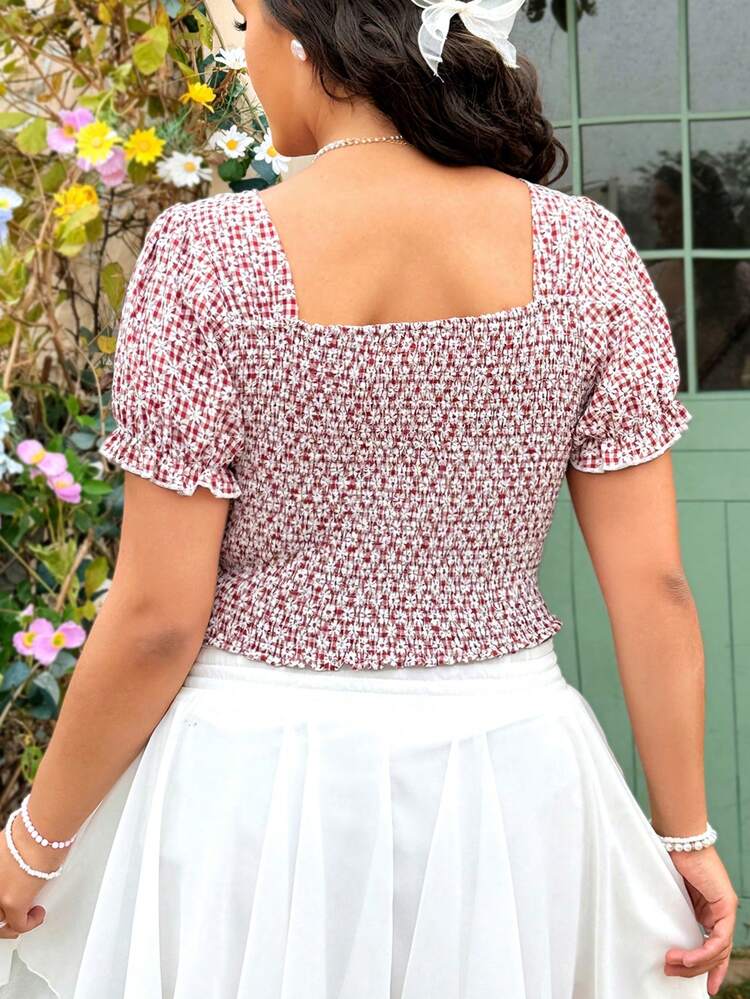 Plus Size Red & White Plaid Cropped Shirt For Women