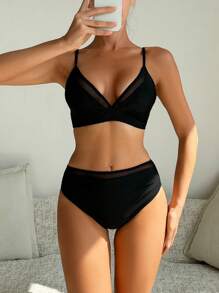 SHEIN Swim 女士网纱插入和褶皱细节比基尼套装，简约性感风格，适合夏季海滩，比基尼套装泳衣海滩装 - 黑色 - 查看 5