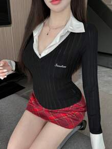 DAZY Contrast Color Splice Shirt Collar, Letter Embroidery, 2 In 1 T-Shirt - Black - View 4