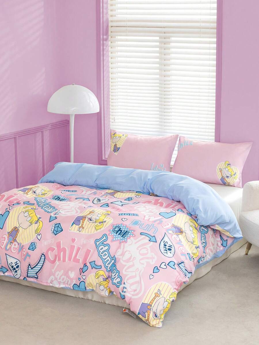 Nick 90s | SHEIN Cartoon Letter Printed Duvet Cover Set - Multicolor - View 1