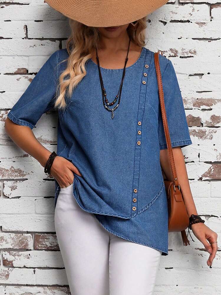 Button Decorated Wrap Hem Denim Top