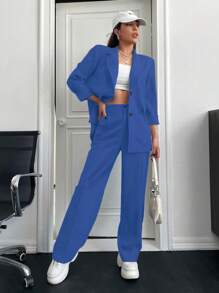EURMUSE 2 Piezas Conjunto De Traje De Un Solo Pecho De Color Liso - azul real - Ver 3