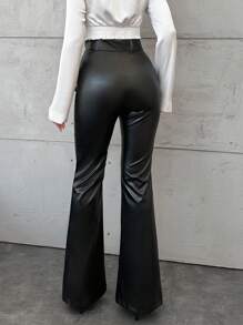 EURMUSE High Waist Faux Pu Leather Bell Bottom Pants - Black - View 2