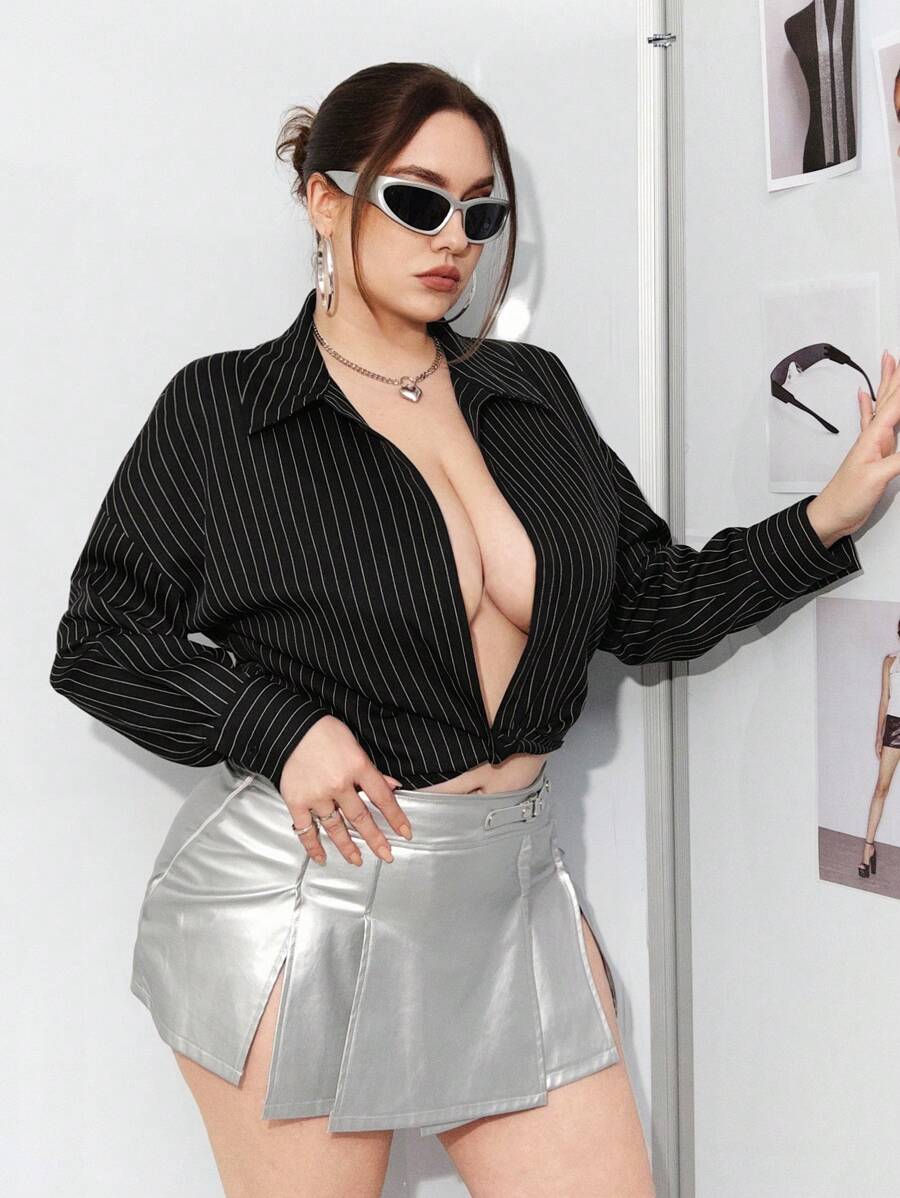 SHEIN ICON Women's Plus Size Striped Drop Shoulder Long Sleeve Shirt - Black and White - View 1