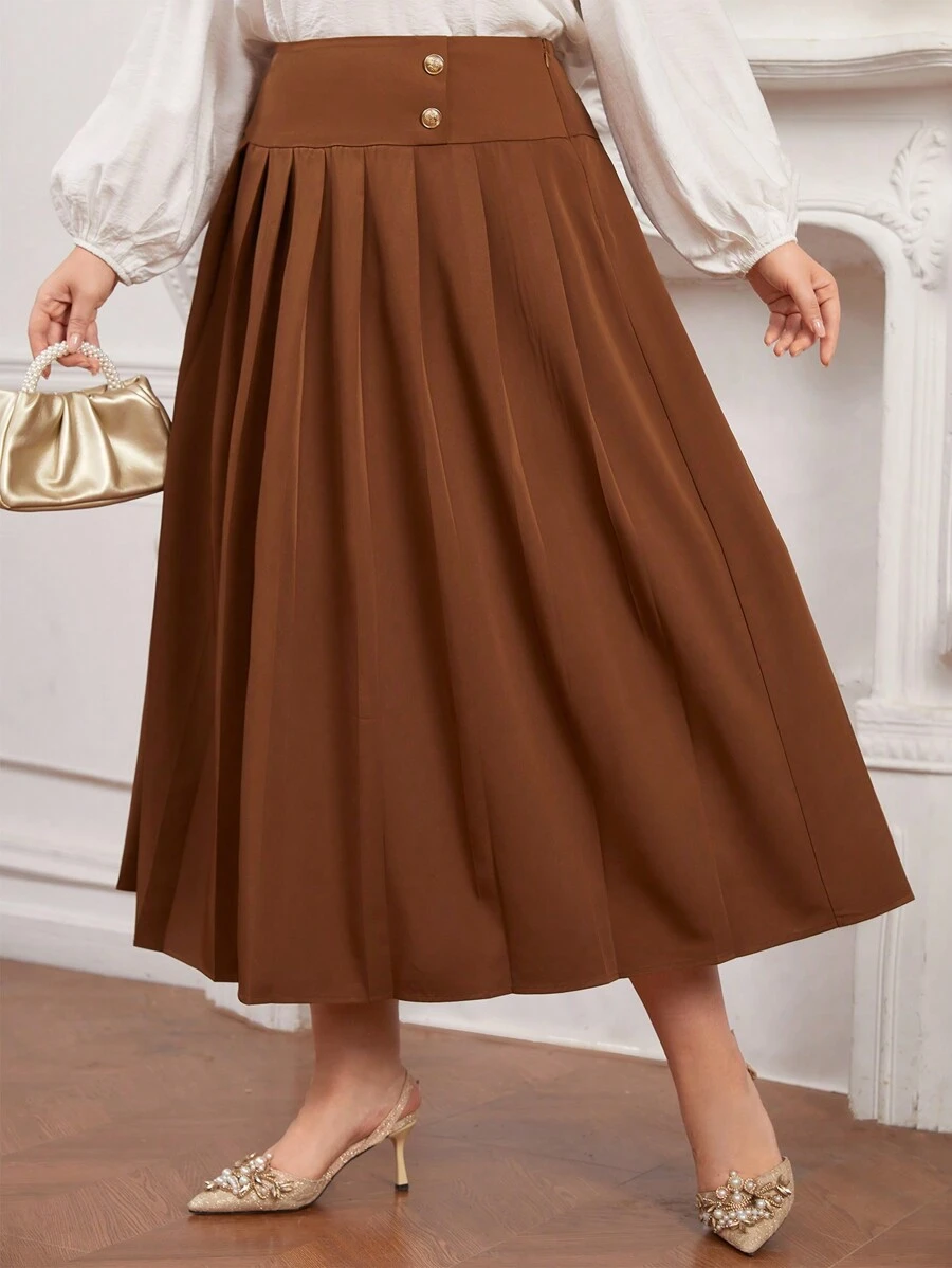 Modelyn 大尺碼純色百褶a字裙 - 卡其色 - 查看 1