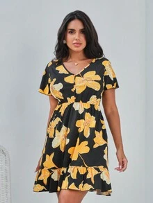 設有花卉印花和荷葉邊的洋裝 - 黑色 - 查看 5