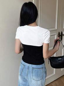 DAZY Ladies' Color Block Stitching Two-In-One Round Neck Slim Fit Short Sleeve T-Shirt Summer