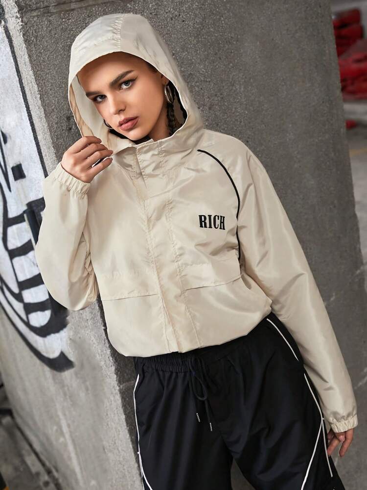 Color Block Letter Print Hooded Sports Jacket