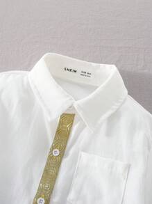 SHEIN Young Boy Casual College Style Festival Versatile Lapel Weave Decoration Patch Pocket Shirt, Suitable For Festive Gatherings, , School, Spring And Summer - White - View 4