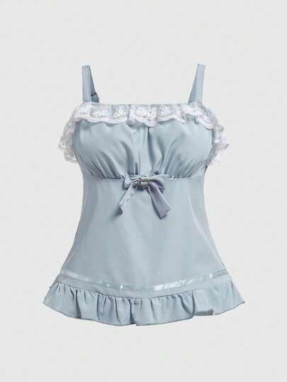 Kawaii Camiseta de tirantes de talla grande para el verano casual con bloques de color, ribete de encaje y lazo decorativo, para la escuela