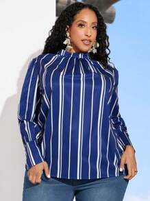 SHEIN CURVE+ Plus Size Women's Stand Collar Striped Button-Down Shirt With Long Sleeves - Blue - View 1