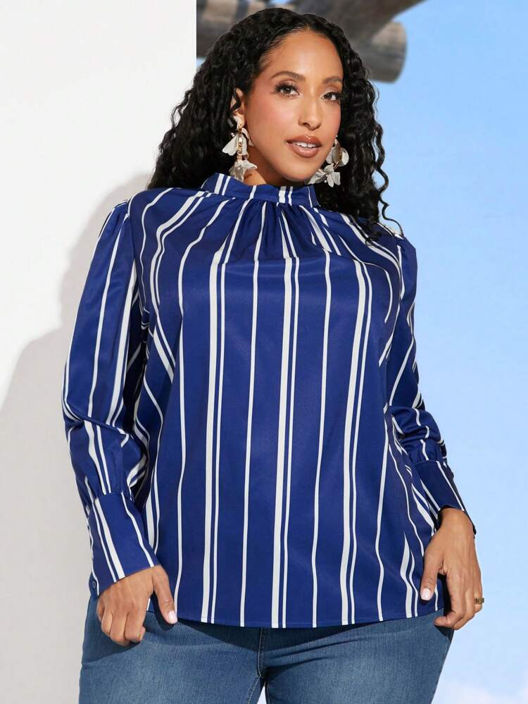 Plus Size Women's Stand Collar Striped Button-Down Shirt With Long Sleeves