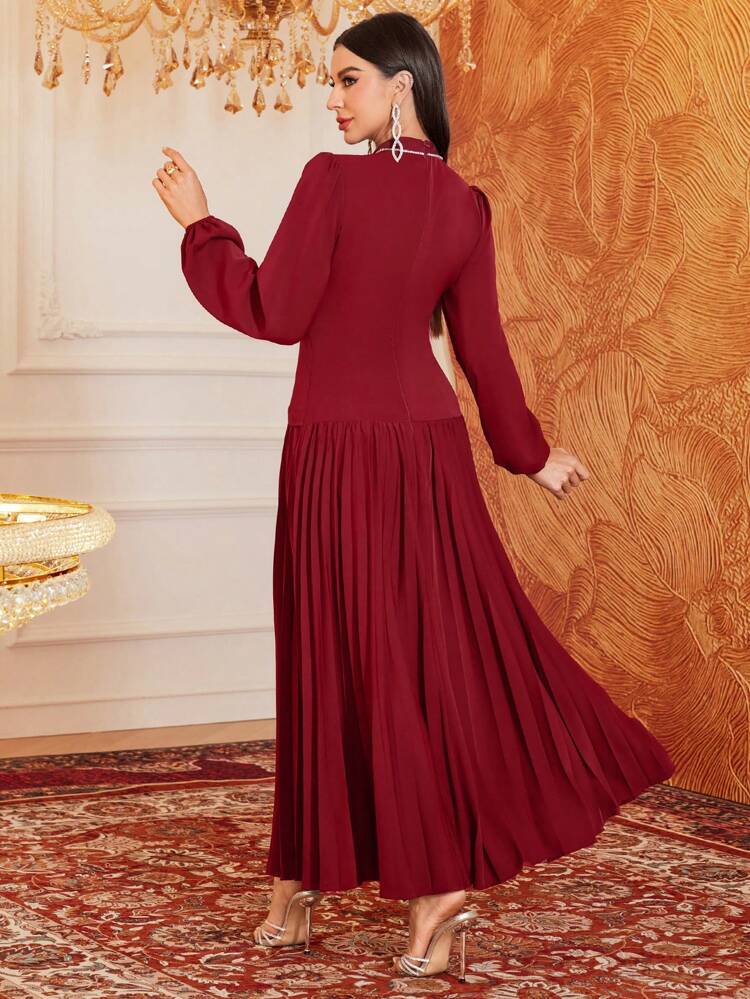 Burgundy Red Women's Arabic Style Stand Collar Lantern Sleeve Dress With Pleated Hem,Elegant Evening Party Dress Long Evening Dresses