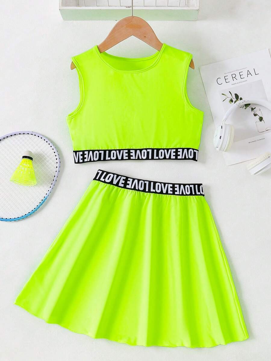 SHEIN 夏季少女休闲上衣搭配编织腰带半裙 - 綠色 - 查看 1