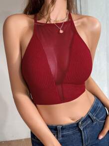 Eraneu Ladies' Mesh Splice Sleeveless Tank Top - Burgundy - View 5