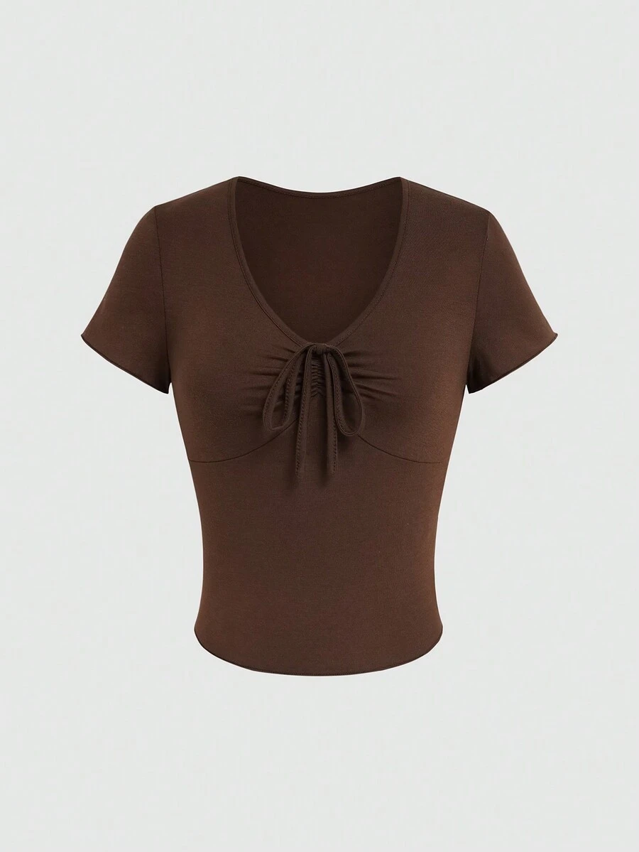 SHEIN Essnce Của phụ nữ Màu thuần Cổ chữ V Tie Trước Ngắn tay Áo thun - Cà phê nâu - Xem 1
