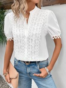 SHEIN LUNE Của phụ nữ Ống tay áo Áo sơ mi Với Khía Vòng cổ - trắng - Xem 5