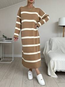EURMUSE Women's Striped Drop Shoulder Sweater Dress - Brown - View 5
