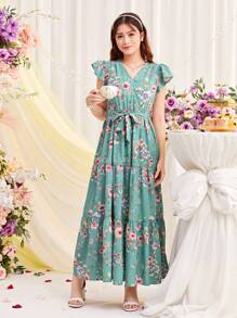 SHEIN Vestido informal para adolescentes con estampado floral, manga corta, escote en V y cintura con lazo - Verde - Ver 4